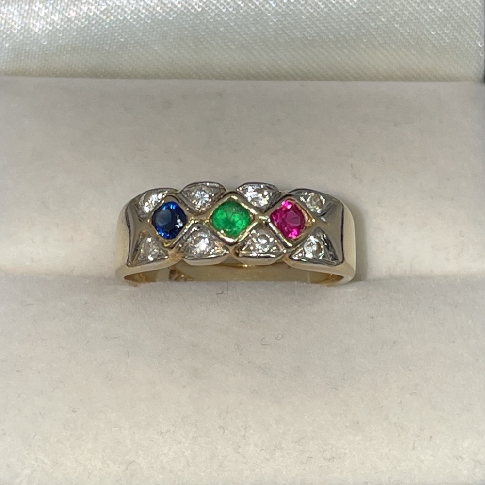 Solid 14k Yellow Gold Red Ruby Blue Sapphire Gree… - image 5